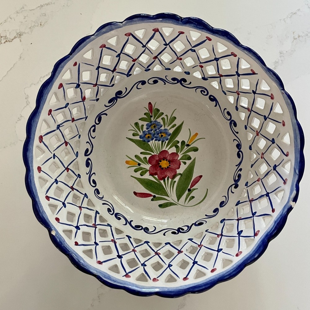 Vintage Hand Painted Open Lace Ceramic Bowl Portugal RCCL 586 signed M.L.